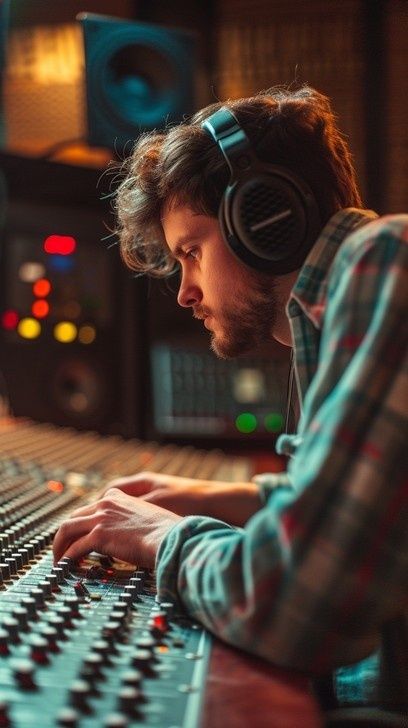 Muziekproducent met koptelefoon werkt aan een geluidstafel