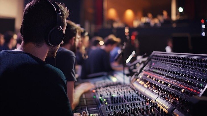 Geluidsman met koptelefoon achter een mengpaneel in de studio