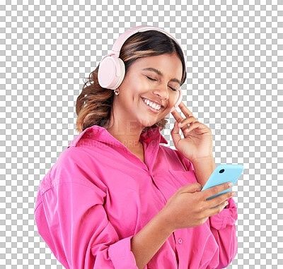 Vrouw met koptelefoon luistert naar muziek terwijl ze haar smartphone gebruikt